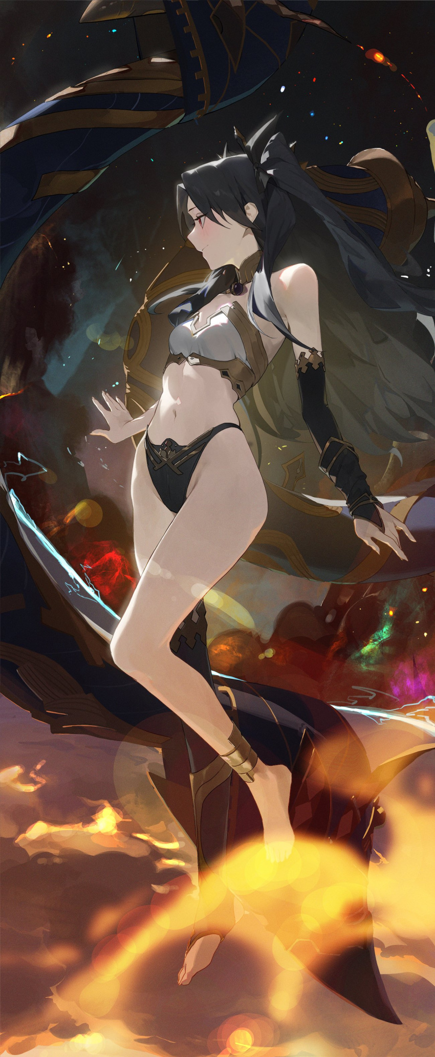 absurdres anklet arm_warmers asymmetrical_legwear asymmetrical_sleeves bare_shoulders barefoot bikini black_hair breasts bridal_gauntlets detached_sleeves elbow_gloves fate/grand_order fate_(series) female floating gloves heavenly_boat_maanna highres ishtar_(fate) jewelry kji_(rozo) long_hair mismatched_bikini navel neck_ring red_eyes single_arm_warmer single_detached_sleeve single_elbow_glove single_thighhigh small_breasts solo swimsuit thighhighs tiara toeless_legwear two_side_up uneven_legwear uneven_sleeves