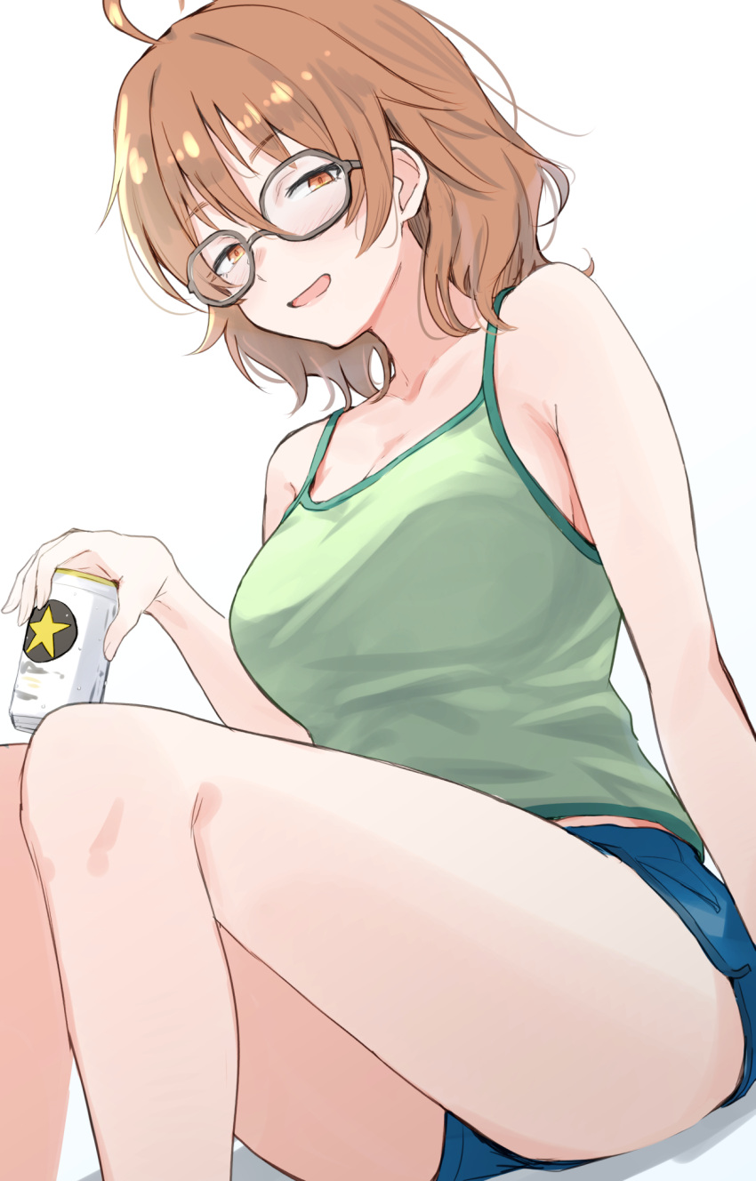 ahoge aqua_shorts araki_hina bare_legs bare_shoulders beer_can black-framed_eyewear blush breasts camisole can collarbone drink_can feet_out_of_frame female glasses green_camisole highres holding holding_can idolmaster idolmaster_cinderella_girls knees_up looking_at_viewer medium_breasts medium_hair orange_hair shorts simple_background sitting smile solo unu_(unucence) white_background