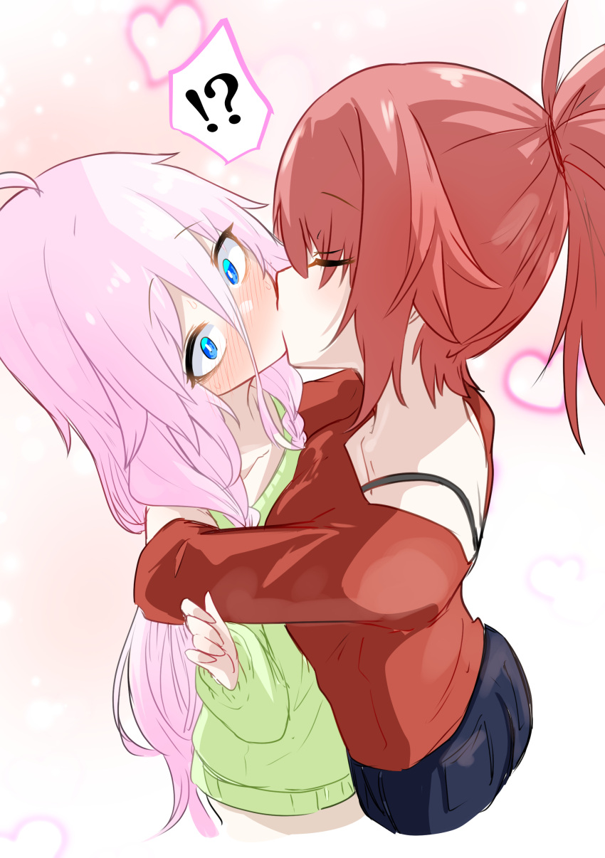 !? 2girls absurdres ahoge blue_eyes blush bra_strap braid closed_eyes collarbone cul female green_sweater hair_between_eyes heart highres hug ia_(vocaloid) kissing long_hair long_sleeves multiple_girls off_shoulder pants pink_hair ponytail red_hair red_shirt red_sweater shirt spoken_interrobang surprise_kiss surprised sweater tachi_(bokarokazoku) very_long_hair vocaloid wide-eyed yuri