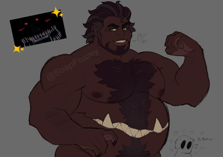 1boy bara beard belly biceps bow bowtie dark-skinned_male dark_skin facial_hair five_nights_at_freddy's five_nights_at_freddy's_4 flexing full_beard grin highres humanization large_pectorals looking_at_viewer male_focus mature_male monster_boy muscular muscular_male nightmare_fredbear nude pectorals red_eyes smile soapfoamy solo sparkle stomach_mouth strongman_waist thick_chest_hair thick_eyebrows tsurime upper_body very_dark_skin