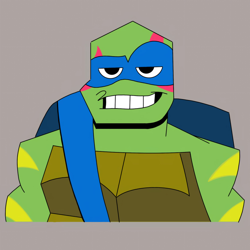 1:1 absurd_res animal_humanoid anthro athletic athletic_anthro athletic_male bandage blue_mask green_body green_skin grey_background happy hi_res humanoid leonardo_(rottmnt) leonardo_(tmnt) male mask radiosonic94 reptile reptile_humanoid rise_of_the_teenage_mutant_ninja_turtles scales scalie scalie_humanoid shell simple_background smile smiley_face solo squinted_eyes teenage_mutant_ninja_turtles teeth turtle turtle_humanoid yellow_marks