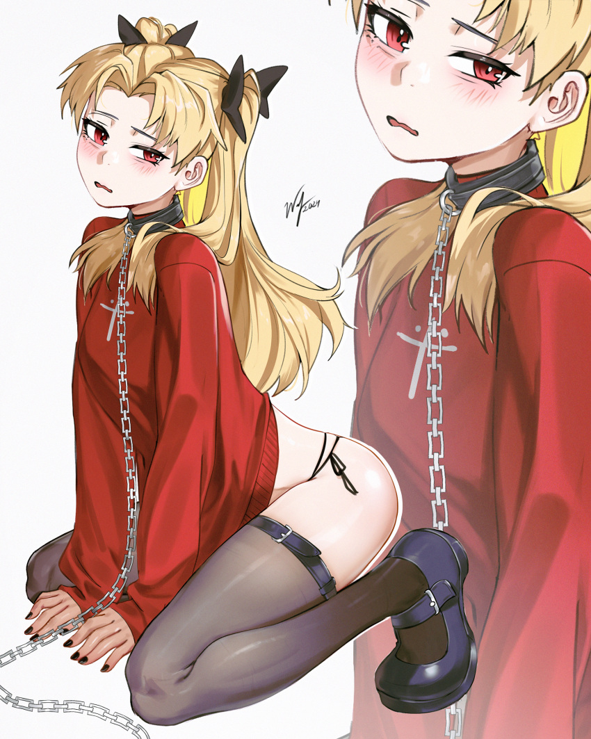 black_collar black_nails black_thighhighs blonde_hair blush chain_leash chains collar commentary cosplay english_commentary ereshkigal_(fate) fate/grand_order fate/stay_night fate_(series) female frown full_body highres kneeling leaning_forward leash long_hair looking_at_viewer nail_polish no_pants open_mouth panties parted_bangs red_eyes red_sweater side-tie_panties signature simple_background sleeves_past_wrists sweater thighhighs tohsaka_rin tohsaka_rin_(cosplay) turtleneck turtleneck_sweater two_side_up underwear variant_set waligner wavy_mouth white_background zoom_layer