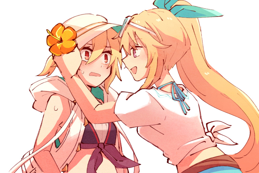 2girls :d alex_(dragalia_lost) alonemistrist bikini blonde_hair blue_ribbon blush commentary dragalia_lost elisanne flower hair_between_eyes hair_flower hair_ornament hair_ribbon hat long_hair looking_at_another multiple_girls official_alternate_costume open_mouth ponytail purple_eyes red_eyes ribbon shirt short_hair side_ponytail smile swimsuit symbol-only_commentary tied_shirt upper_body white_background white_hat white_shirt yuri