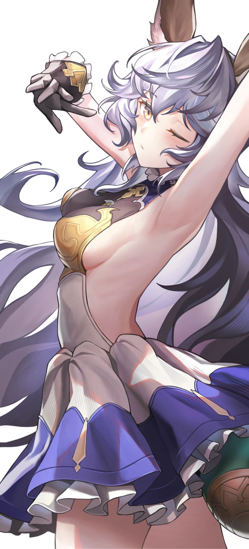 animal_ears armpits arms_up breasts brown_dress brown_gloves chinese_commentary closed_mouth commentary_request cowboy_shot dress female ferry_(granblue_fantasy) frilled_dress frilled_gloves frills gloves granblue_fantasy granblue_fantasy:_relink grey_hair hair_between_eyes highres long_hair looking_at_viewer making-of_available medium_breasts one_eye_closed procreate_(medium) purple_dress sideboob simple_background solo standing umie_(iowae) video_thumbnail white_background white_dress yellow_eyes