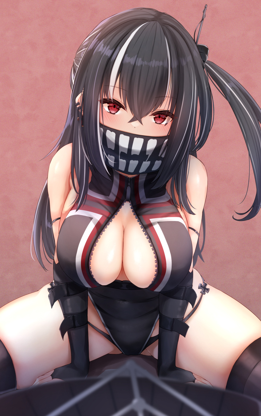 absurdres arm_strap azur_lane bare_shoulders bikini bikini_under_clothes black_bikini black_gloves black_hair black_one-piece_swimsuit breasts cleavage covered_mouth covered_navel cross earrings elbow_gloves female fingerless_gloves front_zipper_swimsuit gloves hair_between_eyes highres hip_focus iron_cross jewelry large_breasts leaning_forward long_hair looking_at_viewer medium_breasts meme_attire multicolored_hair multiple_earrings one-piece_swimsuit partially_unzipped red_eyes riding rigging scarf side_ponytail skin_tight solo staring straddling streaked_hair submarine swimsuit thighhighs thighs two-tone_hair u-47_(azur_lane) v_arms very_long_hair watercraft white_hair yuu_cream