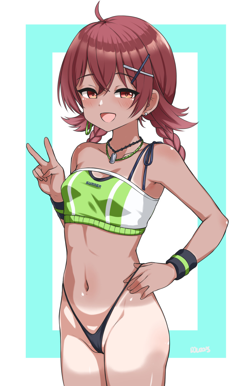 absurdres ahoge bandeau belt bikini black_wristband braid breasts cowboy_shot djloops female green_bandeau hair_between_eyes hair_ornament hairclip highleg highleg_bikini highres idolmaster idolmaster_shiny_colors komiya_kaho long_hair looking_at_viewer low_twintails mismatched_bikini open_mouth red_eyes red_hair small_breasts smile solo swimsuit tan tanlines twin_braids twintails two-tone_background v white_belt x_hair_ornament