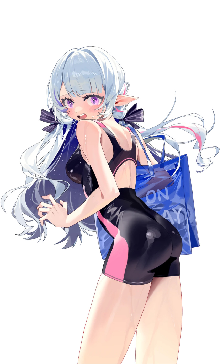 :o ass bag bare_arms bare_shoulders black_one-piece_swimsuit blue_bag blue_bow blue_hair bow breasts colored_inner_hair commission cowboy_shot dark_blue_hair embarrassed female from_side furrowed_brow hairbow highres long_hair medium_breasts multicolored_hair nijisanji omurice_(304975636) one-piece_swimsuit open_mouth pink_hair pointy_ears purple_eyes rhea_(virtuareal) second-party_source shoulder_bag solo streaked_hair swimsuit teeth transparent_background turning_head upper_teeth_only virtual_youtuber virtuareal water_drop wet wet_face white_hair