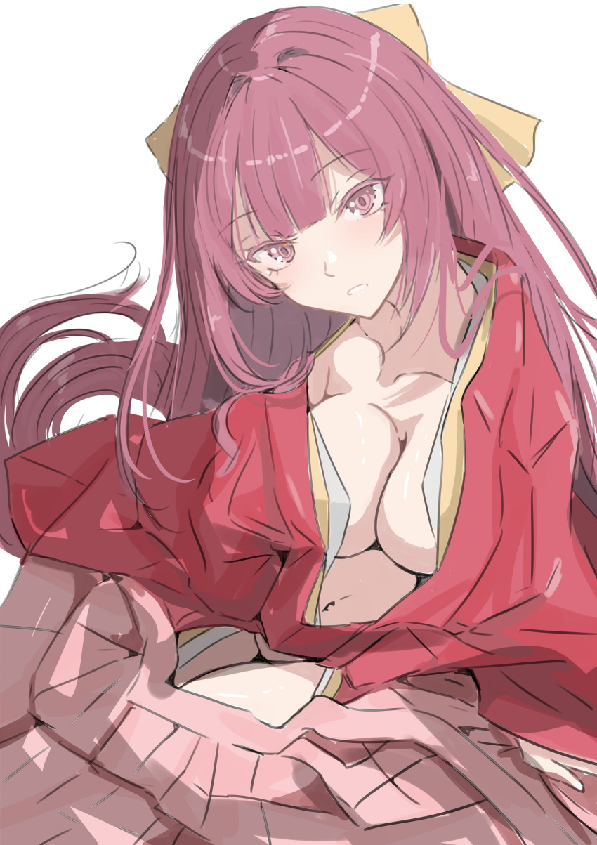 absurdres bow breasts brown_eyes brown_hair cleavage collarbone female hairbow highres japanese_clothes kamikaze_(kancolle) kantai_collection ken_(shutenndouji1) kimono long_hair medium_breasts navel open_clothes pink_kimono red_kimono sitting solo yellow_bow