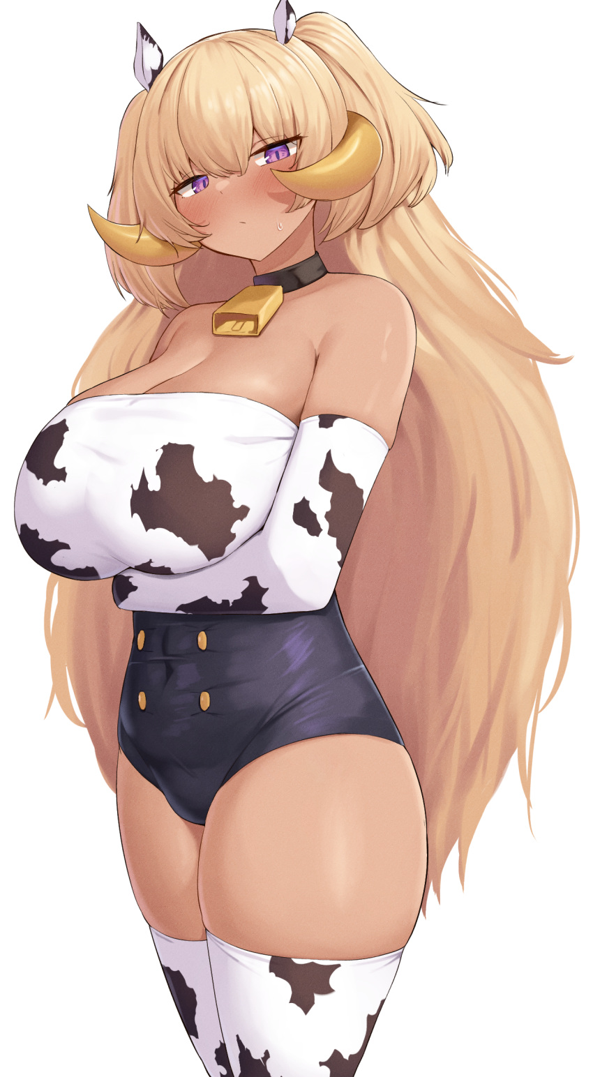 animal_print arm_under_breasts bare_shoulders bell black_leotard blonde_hair blush breastless_clothes breastless_leotard breasts closed_mouth commentary cow_horns cow_print cow_print_gloves cow_print_thighhighs cowbell cowboy_shot dark-skinned_female dark_elf dark_elven_forest_ranger dark_skin elbow_gloves elf expressionless fake_horns female gloves highres horns huge_breasts last_origin leotard looking_at_viewer narodenden neck_bell pink_eyes pointy_ears print_gloves print_thighhighs simple_background skindentation solo strapless sweatdrop thighhighs thighs tube_top two_side_up white_background white_thighhighs