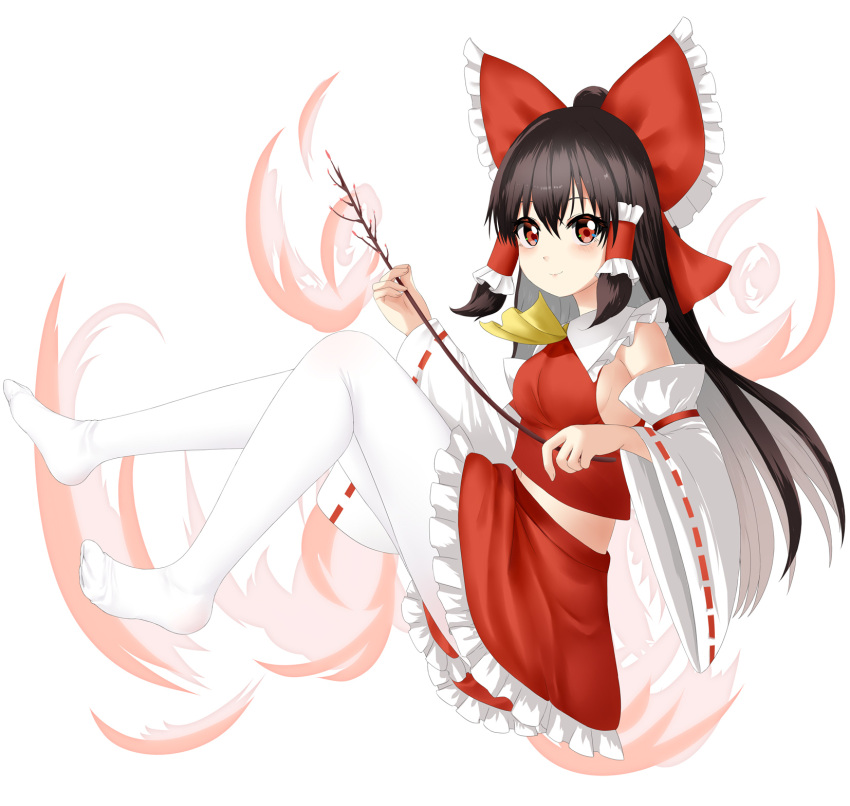 ascot black_hair blush bow branch breasts closed_mouth commentary detached_sleeves doge_(jkdoge) female frilled_bow frilled_hair_tubes frills hair_tubes hairbow hakurei_reimu highres holding holding_branch long_hair looking_at_viewer no_bra pantyhose red_bow red_eyes red_skirt ribbon-trimmed_sleeves ribbon_trim sideboob skirt skirt_set smile solo touhou white_pantyhose yellow_ascot