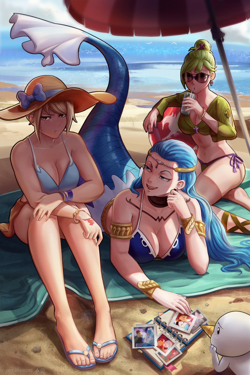 3girls alternate_costume alternate_hairstyle aquarius_(fairy_tail) armlet beach beach_umbrella bikini blonde_hair blue_eyes blue_hair bracelet brandish_mu breasts brown_eyes circlet cleavage cup day drinking_straw earrings fairy_tail hand_tattoo hat highres holding holding_cup jewelry large_breasts long_hair looking_to_the_side lucy_heartfilia lying mermaid monster_girl multiple_girls navel on_stomach outdoors pencilequipped photo_(object) photo_album plue pout sand sandals side-tie_bikini_bottom sitting sun_hat sunglasses swimsuit tattoo umbrella updo