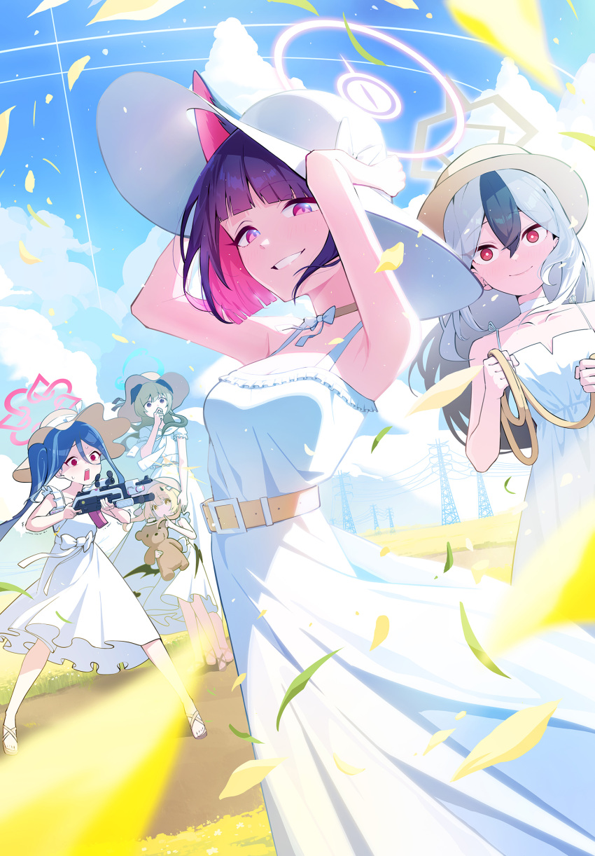 5girls aiming animal_ears arms_up bare_arms bare_shoulders black_hair blue_archive blue_hair blue_sky bow_choker cat_ears choker closed_mouth cloud colored_inner_animal_ears colored_inner_hair day dog_ears dog_girl dress fubuki_(blue_archive) grey_hair gun halo hands_on_headwear hat highres holding holding_gun holding_rope holding_weapon ibuki_(blue_archive) kayoko_(blue_archive) kazusa_(blue_archive) looking_at_viewer multicolored_hair multiple_girls nasan_(coldtime) official_alternate_costume outdoors pink_halo power_lines rifle rope ruger_mini-14 sky sleeveless sleeveless_dress spaghetti_strap sun_hat sundress transmission_tower umika_(blue_archive) weapon white_dress white_hair