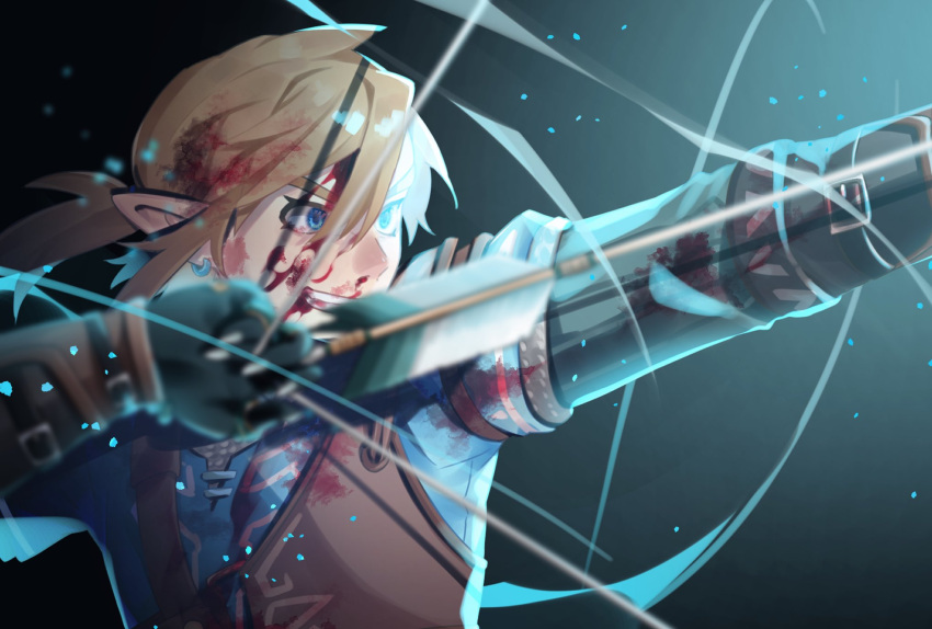 1boy armor arrow_(projectile) blonde_hair blood blood_in_hair blood_on_clothes blood_on_face blue_eyes blue_tunic blurry bow_(weapon) chainmail champion's_tunic_(zelda) commentary_request depth_of_field drawing_bow gradient_background hair_between_eyes highres holding holding_bow_(weapon) holding_weapon link oshinomiya pointy_ears short_ponytail sidelighting solo the_legend_of_zelda the_legend_of_zelda:_tears_of_the_kingdom upper_body weapon