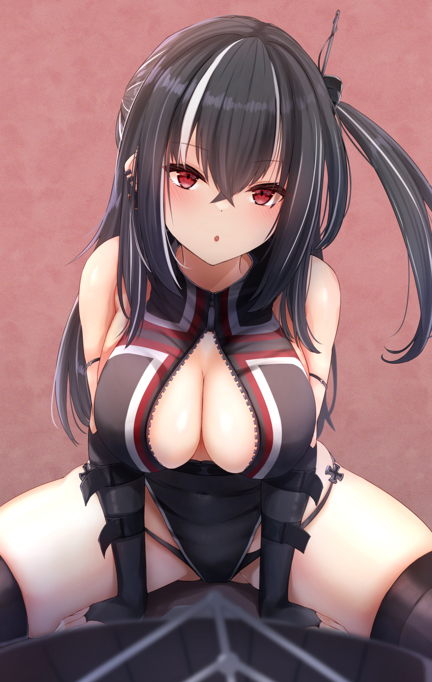 absurdres arm_strap azur_lane bare_shoulders bikini bikini_under_clothes black_bikini black_gloves black_hair black_one-piece_swimsuit breasts cleavage covered_navel cross earrings elbow_gloves female fingerless_gloves front_zipper_swimsuit gloves hair_between_eyes highres hip_focus iron_cross jewelry large_breasts leaning_forward long_hair looking_at_viewer medium_breasts meme_attire multicolored_hair multiple_earrings one-piece_swimsuit partially_unzipped red_eyes riding rigging side_ponytail skin_tight solo staring straddling streaked_hair submarine swimsuit thighhighs thighs two-tone_hair u-47_(azur_lane) v_arms very_long_hair watercraft white_hair yuu_cream