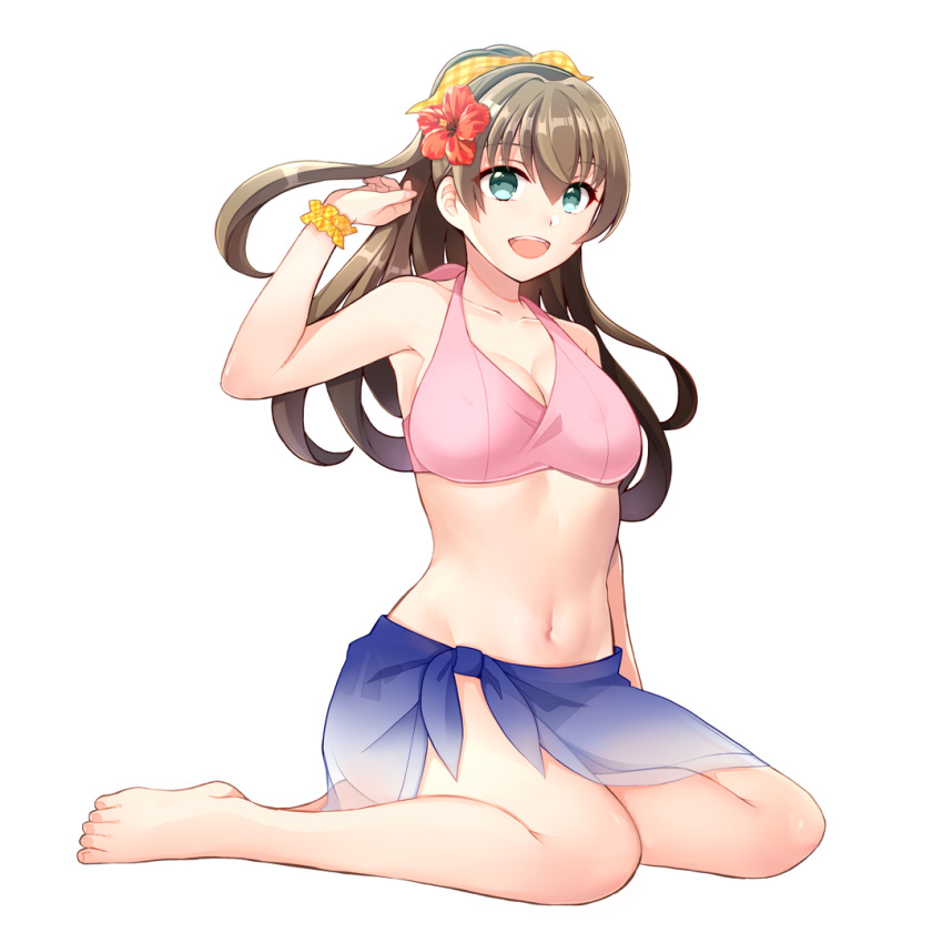 barefoot bikini blue_eyes breasts brown_hair cleavage commentary_request female flower hair_flower hair_ornament kantai_collection kumano_(kancolle) large_breasts long_hair looking_at_viewer open_mouth pink_bikini red_flower sarong scrunchie simple_background sitting solo swimsuit teeth teramoto_kaoru upper_teeth_only white_background wrist_scrunchie