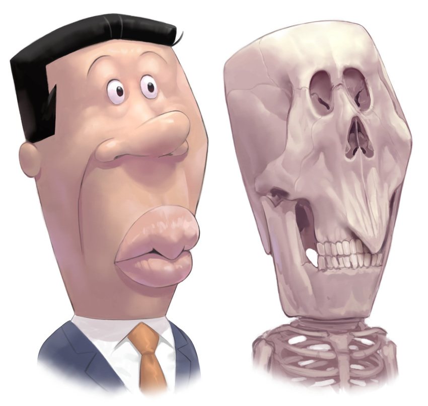 1boy 1other anago anatomy black_eyes black_hair formal highres lips male_focus necktie sakkan sazae-san skeleton suit white_background