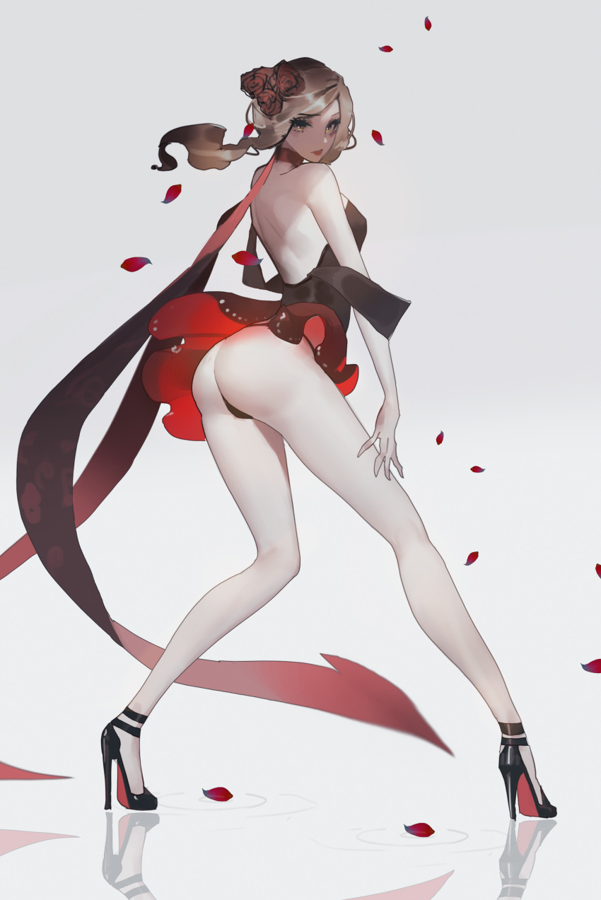 absurdres ass back bare_shoulders black_footwear blonde_hair evelynn_(league_of_legends) female flower from_behind grey_background hair_flower hair_ornament high_heels highres kneepits league_of_legends long_hair petals red_flower redooo rose simple_background solo tango_evelynn yellow_eyes