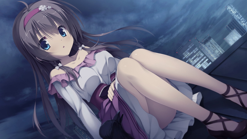 animal bare_shoulders bird blue_eyes breasts building city cloud clouds crow dress female game_cg grey_hair hairband highres kobuichi large_breasts legs long_hair looking_at_viewer muririn sanoba_witch shiiba_tsumugi sitting sky solo thighs upskirt