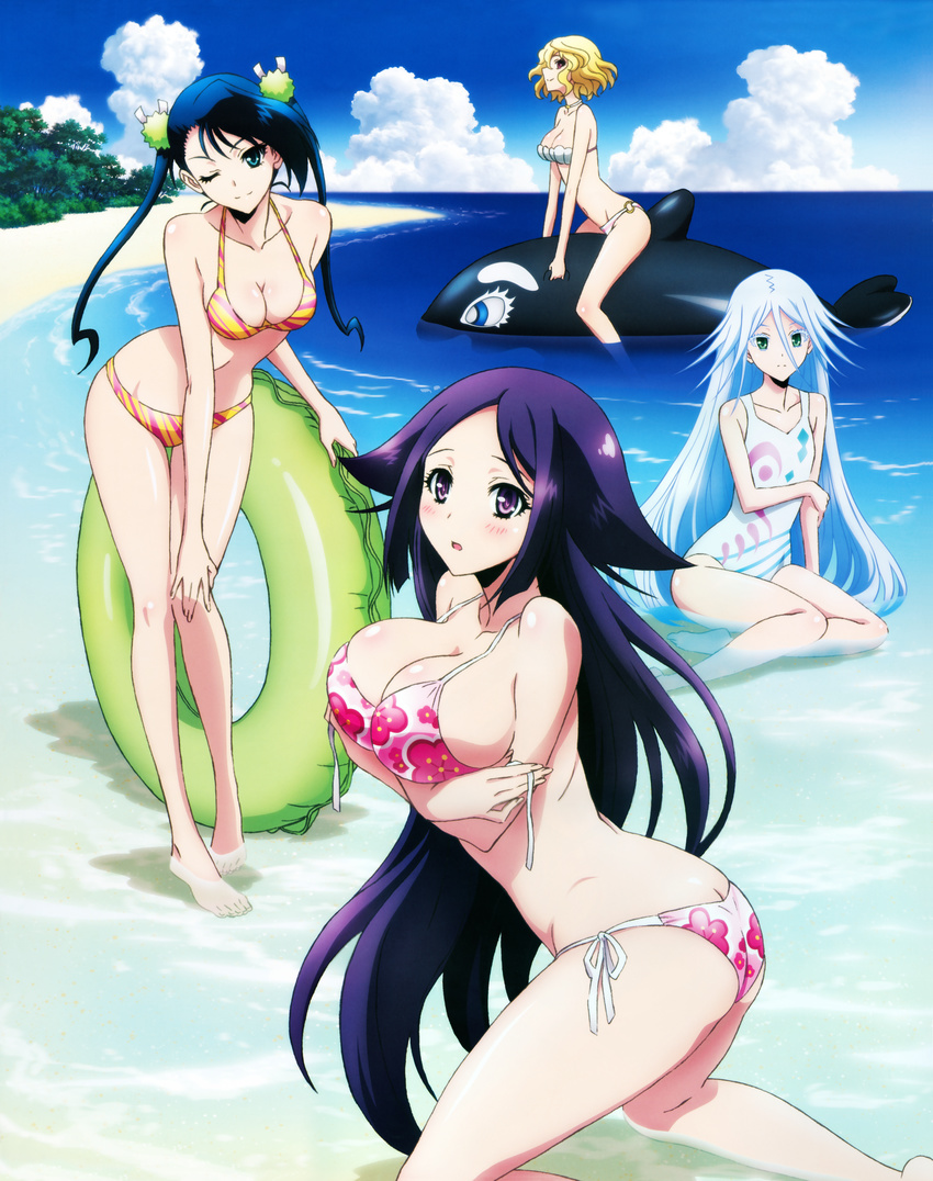 4girls ;) absurdres ass barefoot beach bikini black_hair blonde_hair breasts brown_eyes casual_one-piece_swimsuit cleavage cloud cloudy_sky collarbone day flat_chest full_body futatsuki_hisame green_eyes groin hair_between_eyes hair_ornament hair_ribbon hand_on_own_knee hibachi_(mushibugyou) highres innertube kuroageha_(mushibugyou) large_breasts leaning_forward long_hair looking_at_viewer medium_breasts mitsuki_(mushibugyou) multiple_girls mushibugyou navel o-ring o-ring_bikini ocean oharu_(mushibugyou) one-piece_swimsuit one_eye_closed open_mouth outdoors purple_eyes ribbon shiny_skin short_hair side-tie_bikini_bottom sideboob silver_hair sitting sky smile standing stomach strapless strapless_bikini swim_ring swimsuit twintails untied_bikini very_long_hair white_ribbon yamashita_yoshimitsu