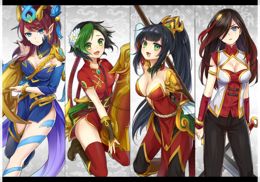 4girls alternate_costume alternate_hair_color aqua_eyes bangle black_hair blue_eyes blush bracelet braid breasts caitlyn_(league_of_legends) chinese_clothes cleavage cleavage_cutout clothing_cutout commentary_request earrings firecracker_jinx flower green_eyes green_hair hair_flower hair_ornament hair_over_one_eye hair_tubes jewelry jinx_(league_of_legends) katarina_(league_of_legends) konomoto_(knmtzzz) large_breasts league_of_legends looking_at_viewer lunar_wraith_caitlyn medium_breasts multicolored_hair multiple_girls nidalee oerba_yun_fang open_mouth parted_lips pointy_ears ponytail red_hair scar scar_across_eye scar_on_face thighhighs two-tone_hair warring_kingdoms_katarina warring_kingdoms_nidalee