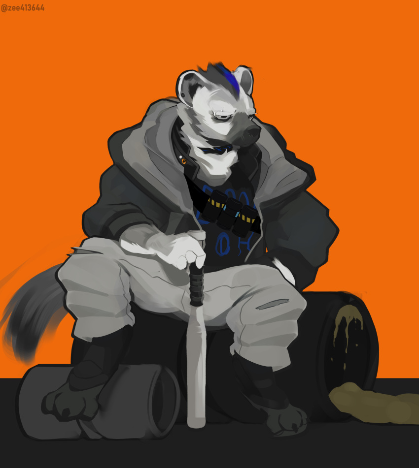 annoyed anthro arknights barrel baseball_bat bat_(object) canid canine clothed clothing digital_media_(artwork) ear_piercing eyebrow_piercing facial_piercing fur grey_body grey_fur grumpy hair hi_res hyena hypergryph male male/male mammal markings piercing puffer_jacket sewage simple_background sitting solo spot_(arknights) studio_montagne tail yo_zee