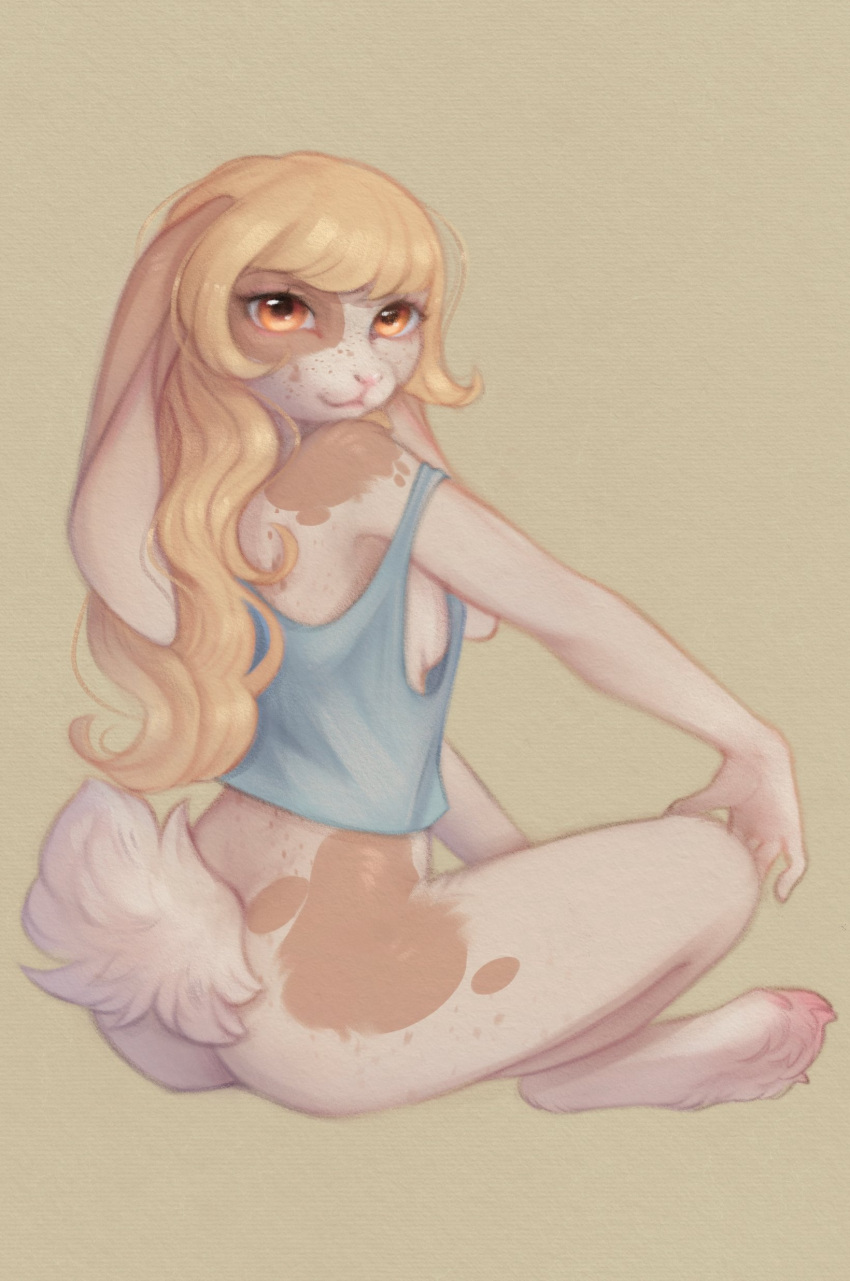 2024 absurd_res anthro ass blue_clothing blue_crop_top blue_shirt blue_topwear bottomless breasts brown_body brown_fur clothed clothing crop_top digital_drawing_(artwork) digital_media_(artwork) domestic_rabbit female floppy_ears fur hi_res lagomorph leporid looking_at_viewer lop_ears lop_rabbit mammal oryctolagus pink_nose rabbit shirt side_boob simple_background sitting solo tan_background topwear white_body white_fur yshanii