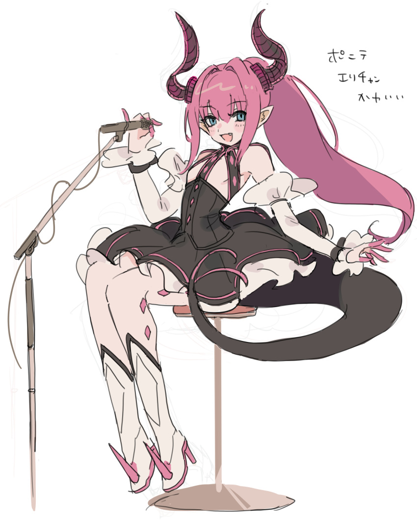 :d absurdres alternate_hairstyle bar_stool bare_shoulders black_dress blue_eyes boots curled_horns detached_sleeves dragon_girl dragon_horns dragon_tail dress elizabeth_bathory_(fate) elizabeth_bathory_(fate/extra_ccc) fate/extra fate/extra_ccc fate_(series) female finger_cots full_body high_heel_boots high_heels highres horns kaigan0211 long_hair long_sleeves looking_at_viewer microphone_stand oerba_yun_fang open_mouth pink_hair pointy_ears ponytail simple_background sitting smile solo spiked_boots stool tail translation_request white_background white_footwear white_sleeves