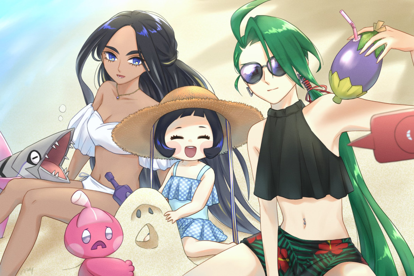 bikini black_hair blue_eyes closed_eyes closed_mouth dark-skinned_female dark_skin eyelashes frills geeta_(pokemon) green_hair highres long_hair multiple_girls natsuya_(nty_2d) one-piece_swimsuit open_mouth pokemon pokemon_sv ponytail poppy_(pokemon) rika_(pokemon) short_hair smile sunglasses swimsuit tinkatink