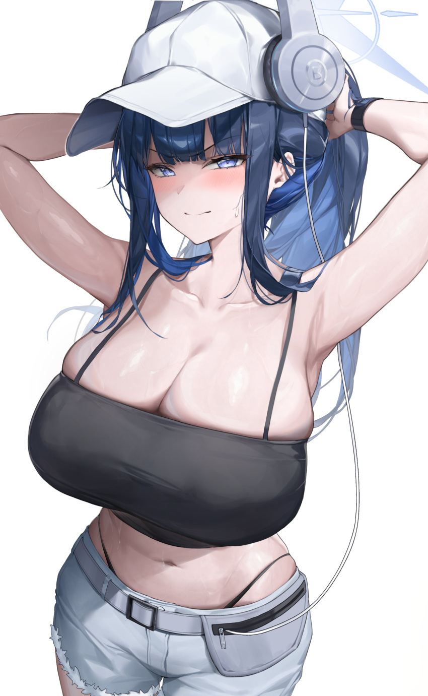 absurdres adjusting_hair armpits arms_up baseball_cap bikini bikini_bottom_only bikini_under_shorts black_bikini black_camisole blue_archive blue_eyes blue_hair breasts camisole cleavage collarbone commentary crop_top denim denim_shorts female halo hat headphones highleg highleg_bikini highres huge_breasts looking_at_viewer navel official_alternate_costume samart saori_(blue_archive) saori_(swimsuit)_(blue_archive) short_shorts shorts simple_background skindentation solo stomach swimsuit symbol-only_commentary white_background