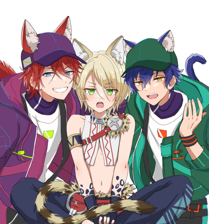 3boys age_difference amagi_rinne animal_ears armlet baseball_cap bishounen black_pants blonde_hair blue_eyes blue_hair boy_sandwich brooch chest_strap coat crop_top dark_blue_hair ensemble_stars! green_coat green_eyes green_hat grin hair_between_eyes hand_up hat highres indian jewelry leaning_forward looking_at_viewer male_focus multiple_boys navel oerba_yun_fang official_alternate_costume open_mouth pants purple_coat purple_hat red_hair reira_(reomimi0211) sandwiched sazanami_jun shiratori_aira_(beasts'_survival)_(ensemble_stars!) shiratori_aira_(ensemble_stars!) shirt short_hair shoulder-to-shoulder simple_background sitting sleeveless smile split_mouth stomach straight-on striped_tail sweatband t-shirt tail teeth upper_teeth_only v-shaped_eyes v_arms white_background white_shirt yellow_eyes