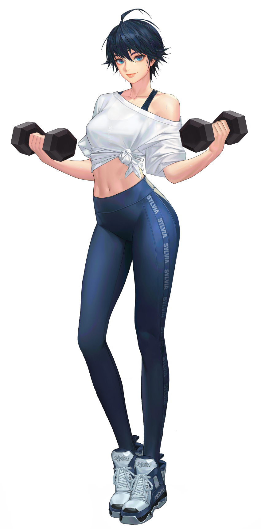 absurdres ass bare_shoulders black_survival blue_eyes blue_hair blue_pants bra bra_strap breasts cleavage crop_top dark_blue_hair eternal_return:_black_survival exercising female full_body gym gym_equipment gym_pants gym_shirt gym_uniform hair_between_eyes highres large_breasts legs looking_at_viewer midriff navel official_alternate_costume official_art one_touch open_clothes pants see-through see-through_shirt shirt shoes short_hair silvia_piquet smile sneakers solo standing sweat tank_top thick_thighs thighs transparent_background underwear weightlifting weights white_shirt white_tank_top wide_hips yoga_pants