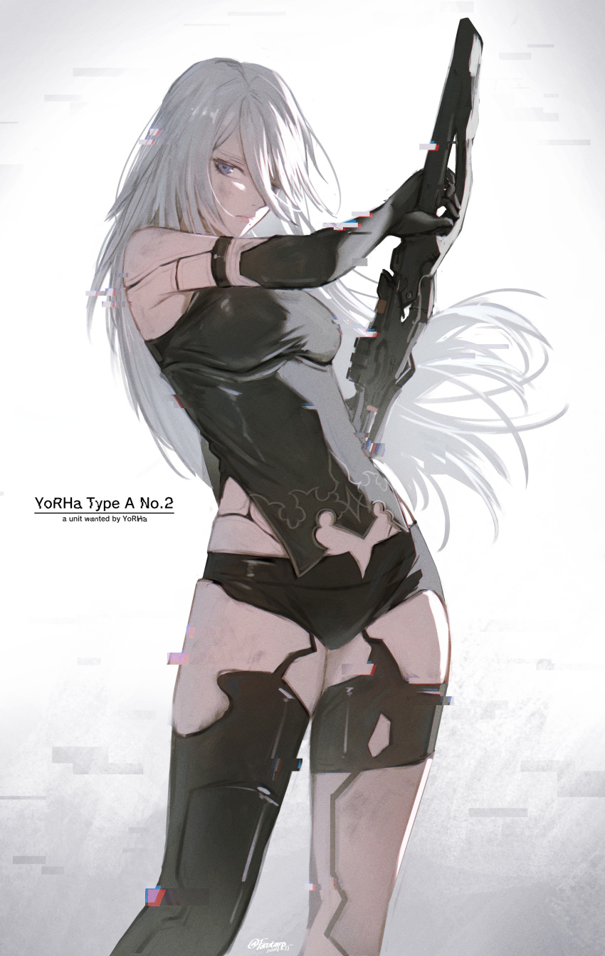 a2_(nier:automata) absurdres bare_shoulders black_gloves black_shirt black_shorts black_thighhighs blue_eyes breasts character_name closed_mouth commentary elbow_gloves female floating_hair forutaro gloves hair_over_one_eye highres holding holding_sword holding_weapon long_hair medium_breasts micro_shorts mole mole_under_mouth nier:automata nier_(series) one_eye_covered shirt shorts simple_background sleeveless sleeveless_shirt solo sword thighhighs torn_clothes torn_thighhighs twitter_username very_long_hair weapon white_background white_hair