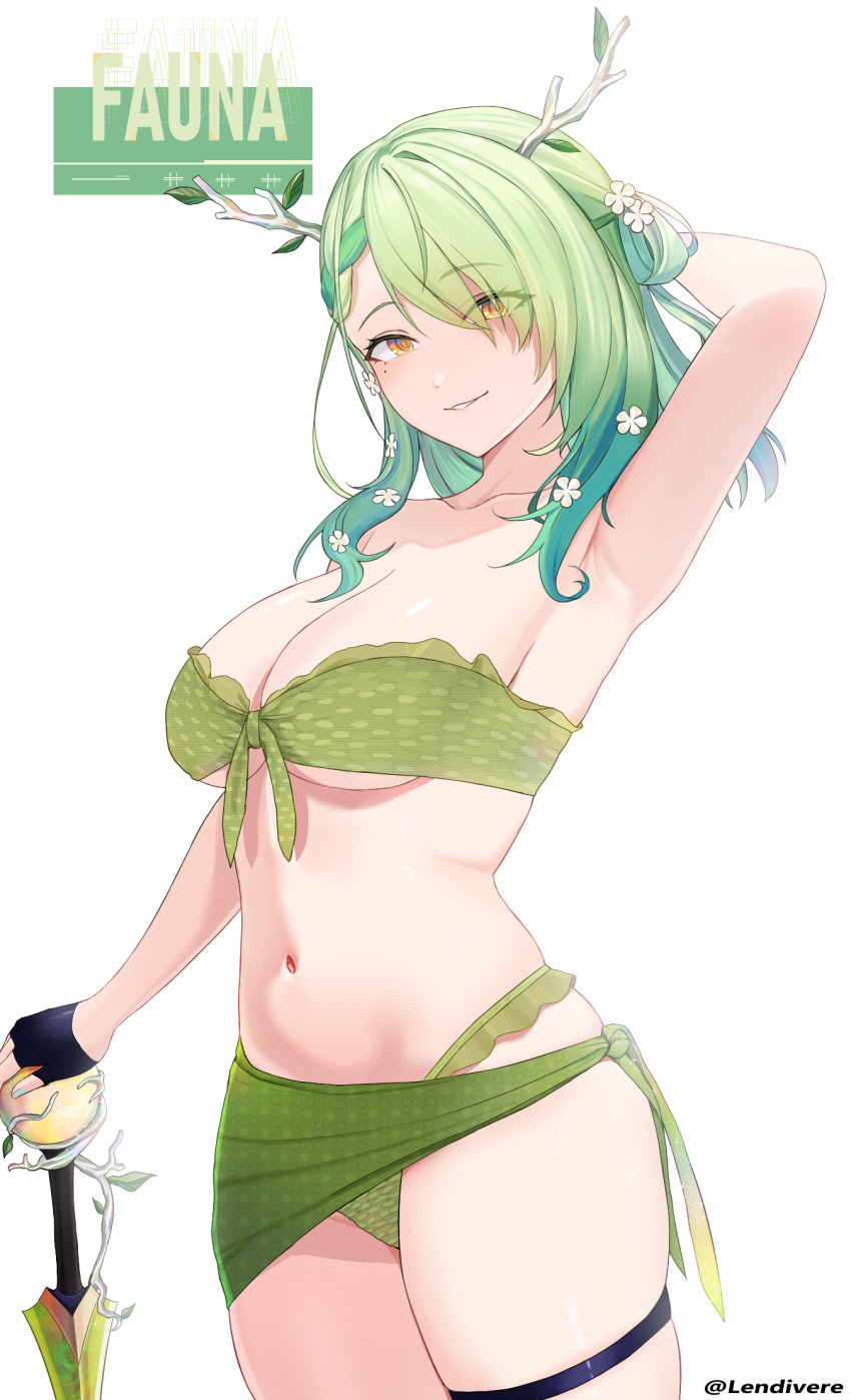 algae antlers arm_behind_head armpits bandeau bikini black_gloves braid braided_bangs branch breasts ceres_fauna character_name eyes_visible_through_hair female fingerless_gloves flower frilled_bikini frills front-tie_bikini_top front-tie_top gloves gradient_hair green_bandeau green_bikini green_hair green_nails hair_bun hair_flower hair_ornament hair_over_one_eye highres hololive hololive_english horns large_breasts lendivere long_hair looking_at_viewer mole mole_under_eye multicolored_hair navel parted_lips simple_background single_side_bun skindentation solo stomach swimsuit thigh_strap thighs tree_horns twitter_username virtual_youtuber white_background yellow_eyes