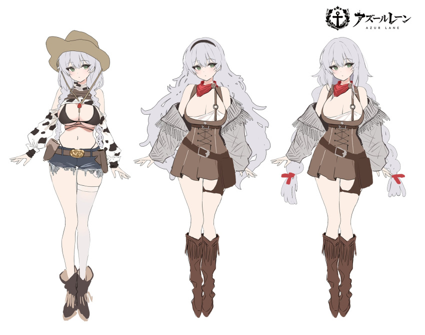 azur_lane belt bikini black_bikini black_hairband breasts brown_belt brown_dress brown_footwear brown_hat chungu cleavage closed_mouth concept_art copyright_name cowboy_hat dress fargo_(azur_lane) fargo_(dairy_in_the_dreary_sun)_(azur_lane) female full_body grey_eyes grey_hair hair_ribbon hairband hat highres holster large_breasts long_hair long_sleeves looking_at_viewer navel neckerchief off_shoulder official_alternate_costume official_art red_neckerchief red_ribbon reference_sheet ribbon short_shorts shorts simple_background single_thighhigh swimsuit thighhighs white_background white_thighhighs