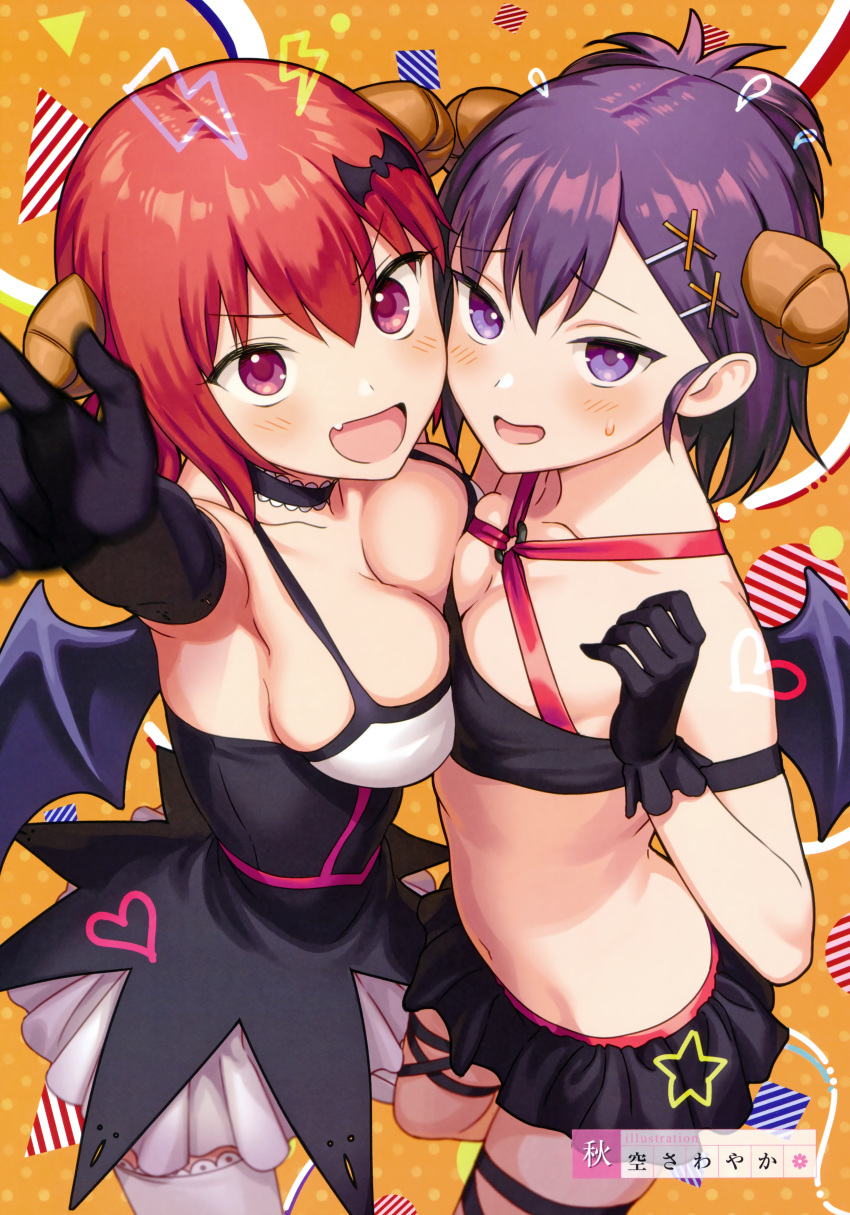 2girls :d absurdres aida_takanobu armpits artist_name asymmetrical_docking black_gloves blurry breast_press breasts cheek-to-cheek choker cleavage cowboy_shot demon_girl demon_wings depth_of_field dress elbow_gloves flying_sweatdrops gabriel_dropout gloves hair_between_eyes hair_ornament hairclip hallelujah_essaim halterneck heads_together highres horns large_breasts midriff multiple_girls navel non-web_source o-ring o-ring_top oerba_yun_fang one_side_up open_mouth photoshop_(medium) pointing pointing_at_viewer purple_eyes purple_hair red_hair satanichia_kurumizawa_mcdowell scan short_hair skin_fang small_breasts smile sweatdrop thighhighs vignette_tsukinose_april white_legwear wings