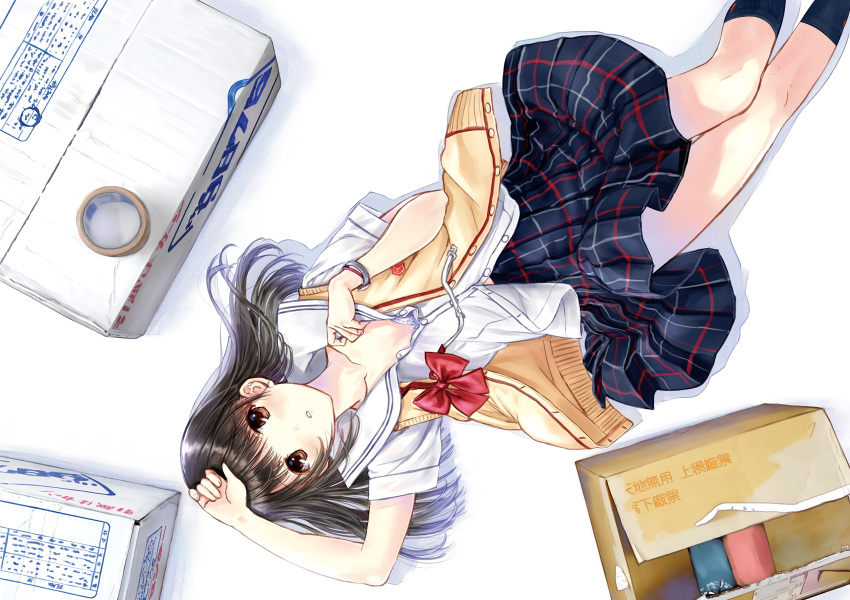 black_hair brown_hair chikasugiru_karera_no_juunanasai_no_tooi_kankai izumi_rina kazuharu_kina kneehighs long_hair school_uniform skirt socks wristwear