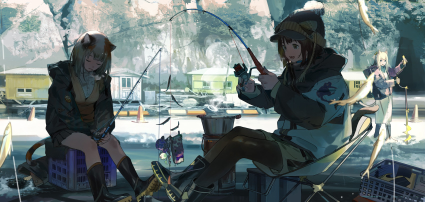 3girls :d absurdres animal_ears auger beanie black_footwear black_headwear black_jacket black_legwear black_skirt boots box building camping cargo_shorts cat_ears cat_girl cat_tail cliff closed_eyes closed_mouth commentary_request day fangs fish fishing fishing_rod flag hat highres ice ice_fishing jacket knee_boots kukka long_sleeves miniskirt multiple_girls nail_polish open_clothes open_jacket open_mouth original outdoors pantyhose pleated_skirt pom_pom_(clothes) portable_stove rubber_boots rubber_duck scenery shoe_soles shorts sitting skirt sleeping sleeping_upright smile snow steam tail thighhighs thighhighs_under_boots traffic_cone white_jacket winter winter_clothes