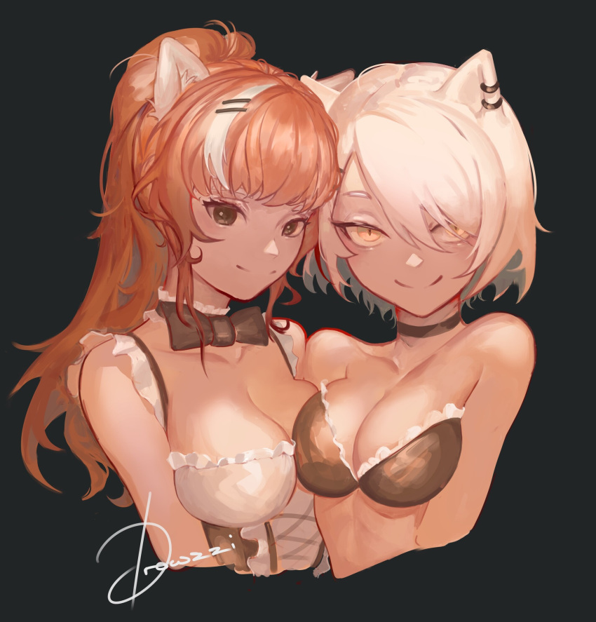 2girls animal_ears anya_pandaria artist_name atelier_live black_background black_bow black_bra black_eyes bow bra breasts cleavage collarbone drowzzi highres mari_the_hybrid multicolored_hair multiple_girls orange_hair photoshop_(medium) ponytail red_panda_ears red_panda_girl short_hair smile streaked_hair underwear upper_body virtual_youtuber white_hair wolf_ears wolf_girl yellow_eyes