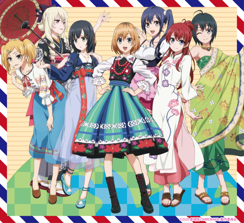 asian_clothes chinadress imai_midori kimono miyamori_aoi ogasawara_rinko sakaki_shizuka see_through shirobako tagme toudou_misa umbrella yano_erika yasuhara_ema