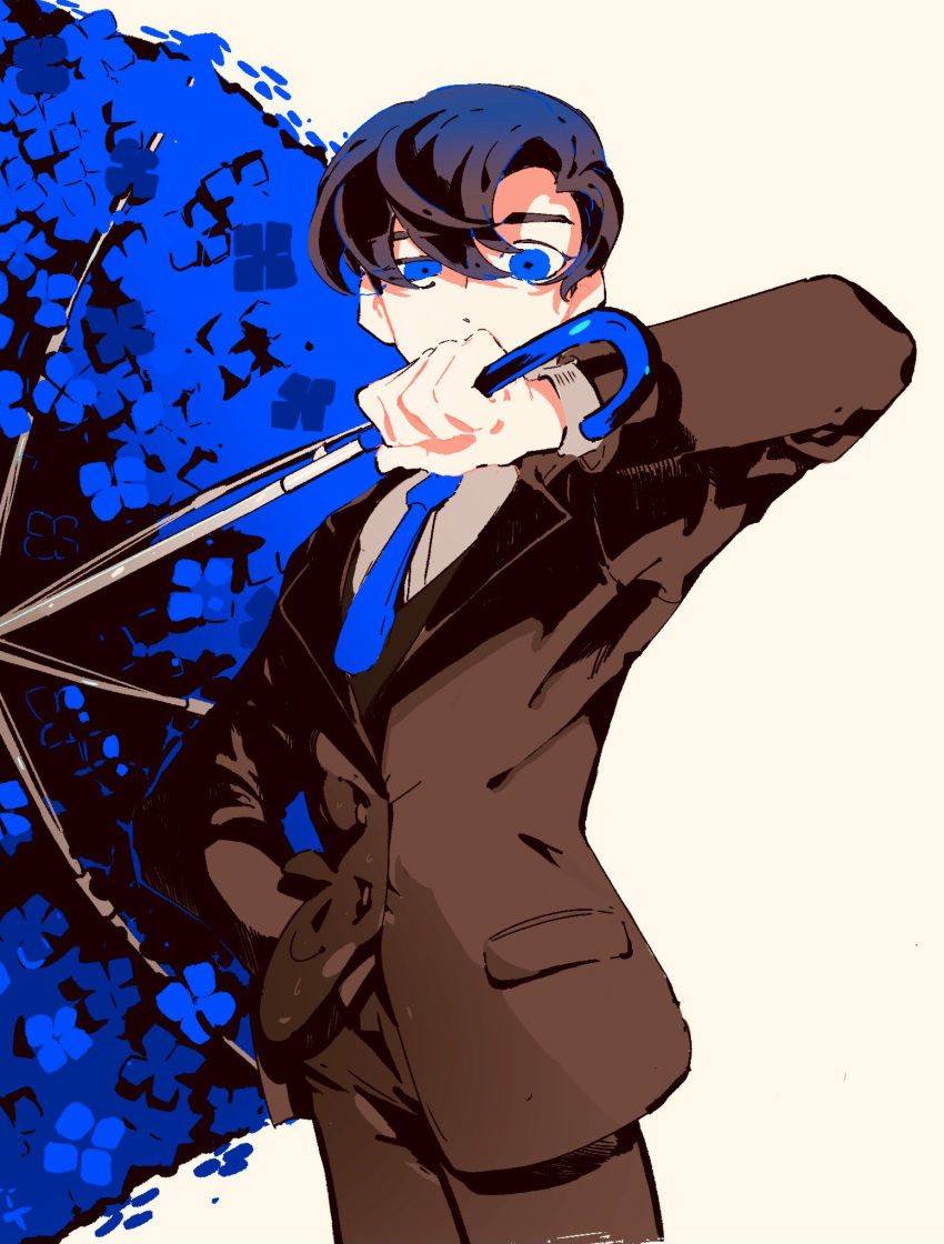 1boy aozukikawasemi blue_theme commentary_request covered_mouth covering_own_mouth cowboy_shot flower flower_umbrella formal hand_in_pocket hand_up highres holding holding_umbrella jacket long_sleeves looking_at_viewer male_focus monochrome necktie original shirt short_hair simple_background solo spot_color suit umbrella uneven_eyes white_background