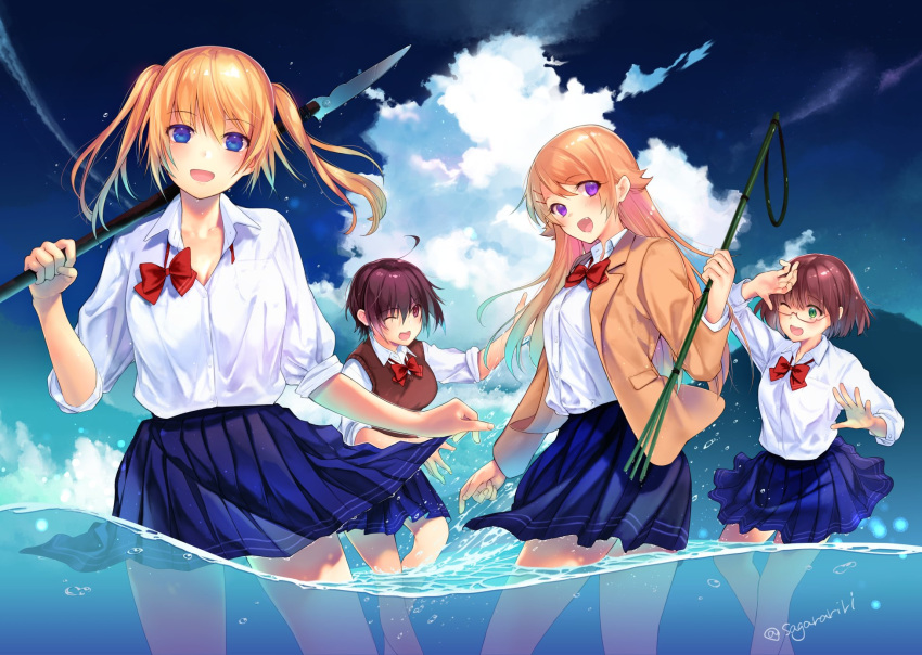 4girls :d ;d ahoge amatani_mutsu bare_legs blazer blonde_hair blue_eyes blue_skirt bow bowtie brown_eyes cloud day glasses green_eyes highres jacket kujou_shion long_hair looking_at_viewer miniskirt multiple_girls ocean oerba_yun_fang official_art one_eye_closed onishima_homare open_mouth outdoors outstretched_arms pleated_skirt polearm purple_eyes red-framed_eyewear red_bow red_bowtie sagara_riri school_uniform shirt short_hair skirt sky sleeves_rolled_up smile sounan_desuka? spear splashing summer suzumori_asuka sweater_vest twintails undone_bowtie wading water weapon wet wet_clothes wet_skirt white_shirt