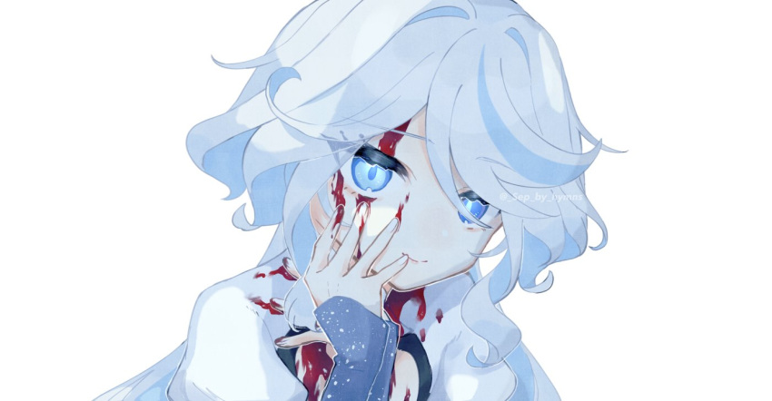 ahoge blood blood_on_face blue_eyes blue_hair closed_mouth female focalors_(genshin_impact) genshin_impact gloves hair_between_eyes hand_on_own_cheek hand_on_own_face light_blue_hair long_hair long_sleeves looking_at_viewer mismatched_pupils multicolored_hair nanakawa_(sep_by_hymns) short_hair simple_background smile solo streaked_hair symbol-shaped_pupils upper_body white_background white_hair