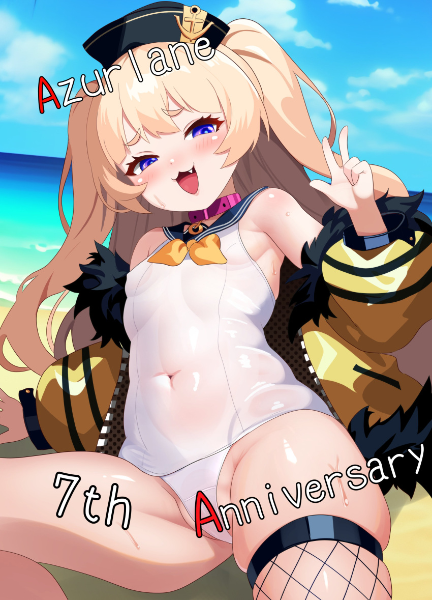 :d absurdres anchor_hat_ornament anniversary arm_support azur_lane bache_(azur_lane) bare_shoulders beach blonde_hair blush breasts cameltoe clothes_pull copyright_name covered_navel covered_nipples day english_text female fur-trimmed_jacket fur_trim groin hair_between_eyes half-closed_eyes hand_up hat hat_ornament highres hip_focus igarashi_gozo jacket jacket_pull long_hair naughty_face navel neckerchief ocean oerba_yun_fang off_shoulder on_ground one-piece_swimsuit open_clothes open_jacket outdoors purple_eyes sailor_collar single_fishnet_legwear sitting small_breasts smile smug solo spread_legs swimsuit thighs unzipped very_long_hair w yellow_jacket yellow_neckerchief