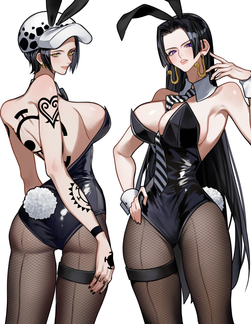 absurdres animal_ears black_hair boa_hancock bow bowtie breasts earrings fake_animal_ears genderswap_(mtf) highres jewelry leotard one_piece playboy_bunny rabbit_ears rabbit_tail rule_63 shichibukai siokosho_kinoko snake_earrings strapless strapless_leotard tail tattoo trafalgar_law