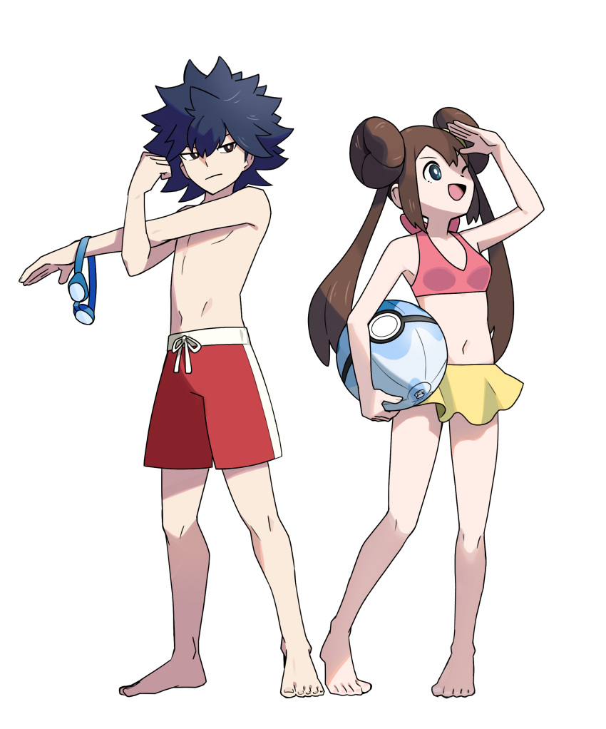 1boy ;d absurdres arm_up ball barefoot beachball bikini black_hair brown_hair closed_mouth commentary_request double_bun female hair_bun highres himurohiromu hugh_(pokemon) knees long_hair looking_up male_swimwear navel one_eye_closed open_mouth pokemon pokemon_bw2 rosa_(pokemon) short_hair simple_background smile spiked_hair stretching swim_goggles swim_trunks swimsuit toes topless_male twintails