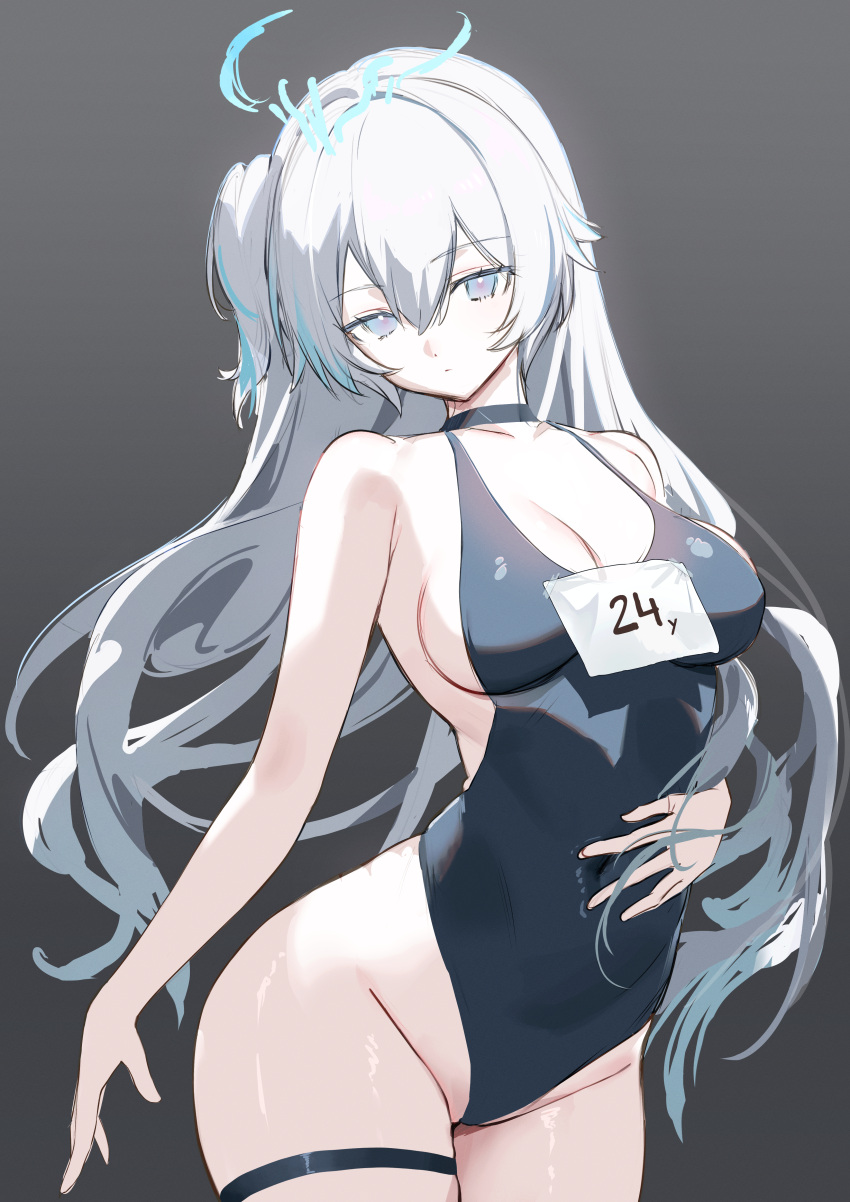 absurdres alternate_costume bare_shoulders black_choker breasts bronya_zaychik bronya_zaychik_(herrscher_of_truth) bronya_zaychik_(herrscher_of_truth)_(cosplay) bronya_zaychik_(silverwing:_n-ex) choker cleavage closed_mouth collarbone commentary cosplay covered_navel cowboy_shot female grey_background grey_eyes hair_between_eyes halo highres honkai_(series) honkai_impact_3rd large_breasts long_hair looking_at_viewer lysh multicolored_hair school_swimsuit sidelocks solo spread_navel streaked_hair swimsuit thigh_strap very_long_hair white_hair