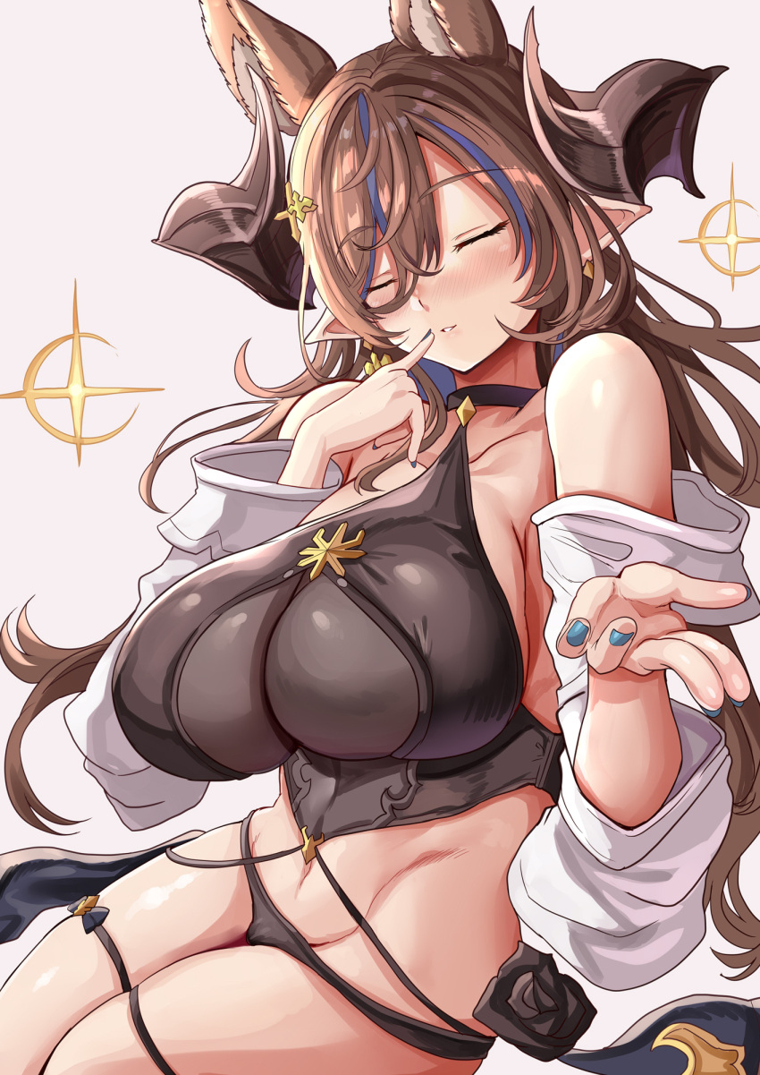 animal_ears bare_shoulders black_panties blue_hair blue_nails blush breasts brown_hair brown_horns closed_eyes commentary_request cross_hair_ornament erune female galleon_(granblue_fantasy) granblue_fantasy hair_between_eyes hair_ornament halterneck highres himuro_shunsuke horns large_breasts long_sleeves multicolored_hair nail_polish official_art panties parted_lips pointy_ears simple_background smile solo streaked_hair thigh_strap thighs underwear white_background