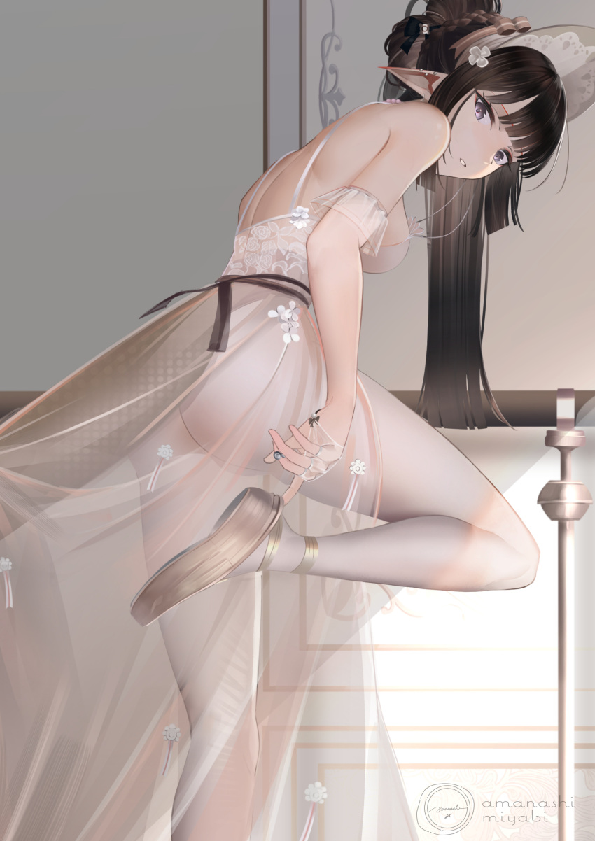 absurdres adjusting_footwear arknights artist_logo ballerina ballet ballet_slippers bare_shoulders black_hair bonnet dance_studio eunectes_(arknights) female highres long_hair looking_at_viewer pantyhose parted_lips pointy_ears purple_eyes see-through see-through_skirt skirt solo standing standing_on_one_leg tenmu_miyabi white_pantyhose