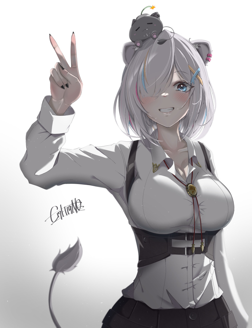 animal_ears animal_on_head black_nails black_shorts blonde_hair blue_eyes blue_hair blush bolo_tie breasts brooch chest_harness collarbone dress_shirt earrings female grey_hair hair_over_one_eye harness highres hololive jewelry lion_ears lion_girl lion_tail long_sleeves multicolored_hair on_head pink_hair rin60527617 shirt shishiro_botan shishiro_botan_(button-down) short_hair shorts signature smile ssrb_(shishiro_botan) streaked_hair tail underbust v virtual_youtuber white_shirt