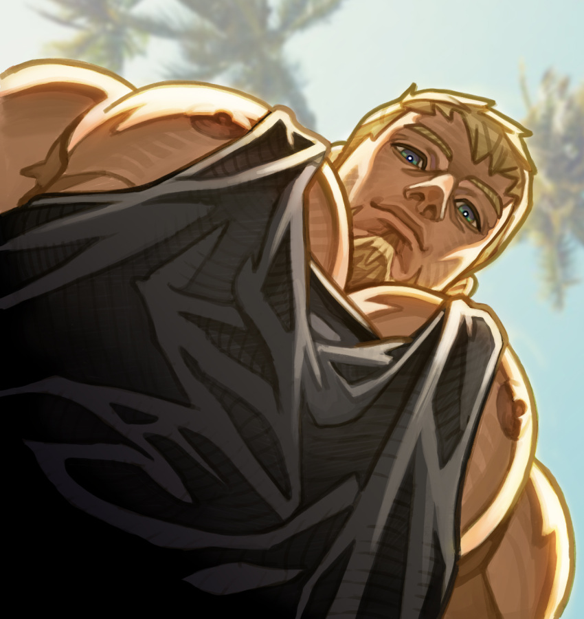 1boy absolum_art arcadia_nights asher_(absolum) bara black_tank_top blonde_hair blue_eyes closed_mouth commentary english_commentary facial_hair goatee highres large_pectorals looking_at_viewer male_focus manboobs meme nipples original palm_tree pectorals shirt short_hair sky smile solo tank_top tree yur_oc_like_this_(meme)